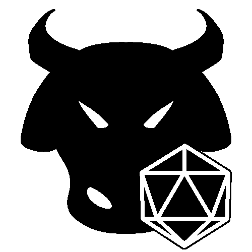  A black and white drawing of a bull head with a d20 in front of it.